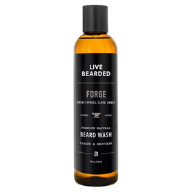 Live Bearded Forge Scent beard wash bottle offers a refreshing cleanse.