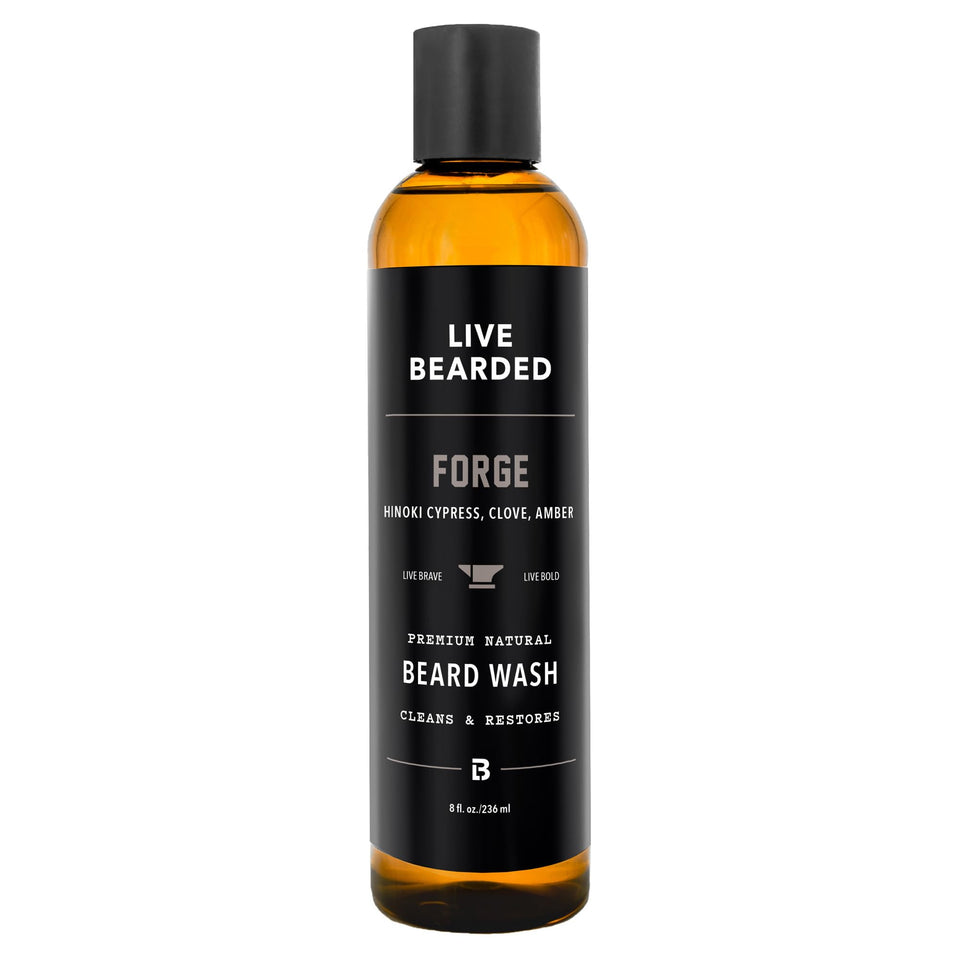 Live Bearded Forge Scent beard wash bottle offers a refreshing cleanse.