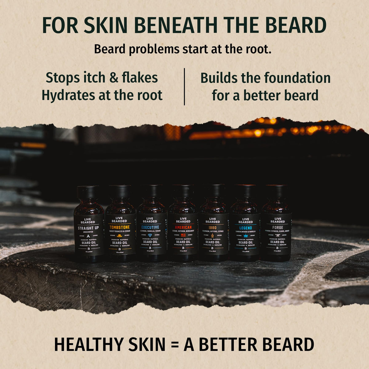 Live Bearded Forge Scent label closeup highlighting premium natural ingredients.
