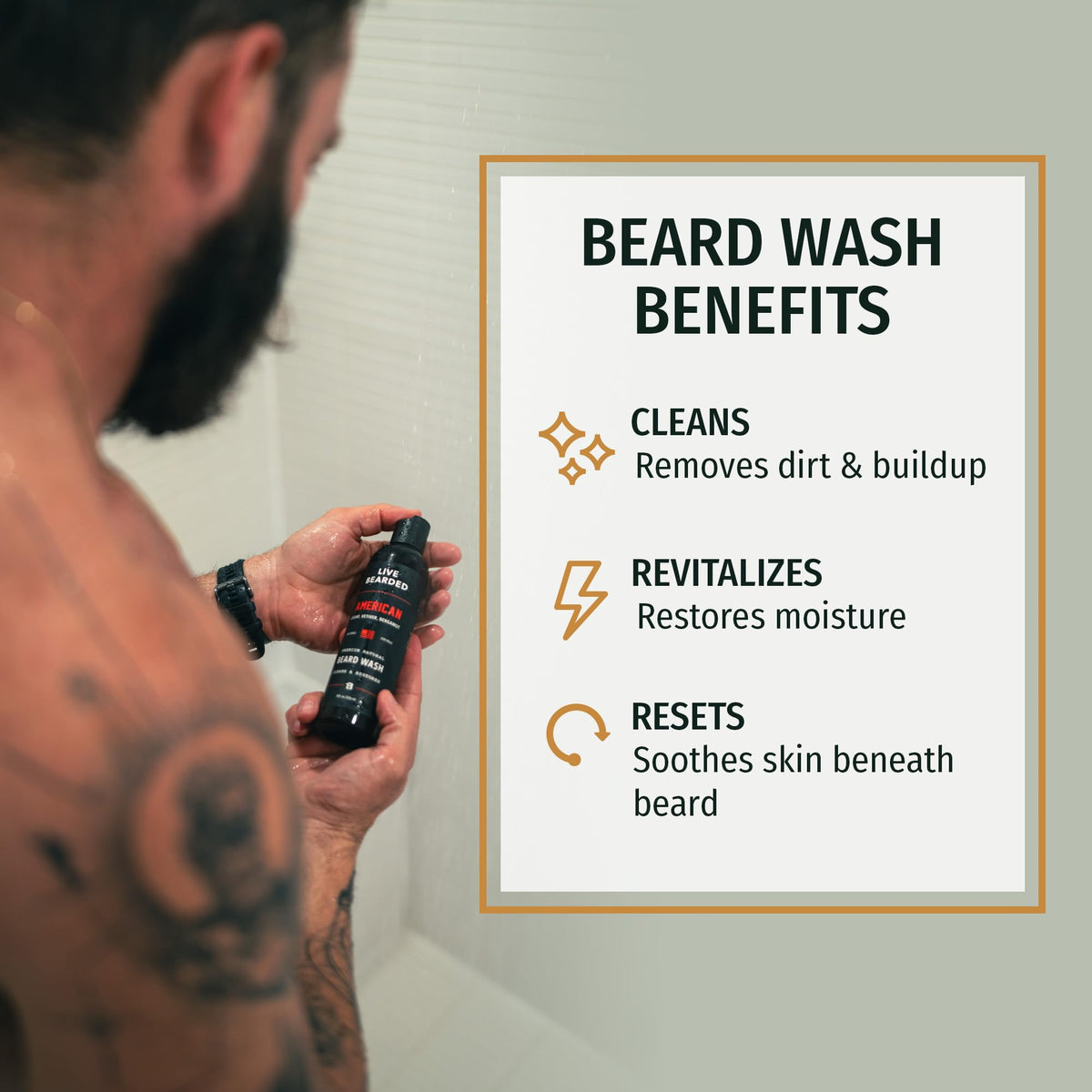 Live Bearded Forge Scent wash-rinse captures cleansing in action.