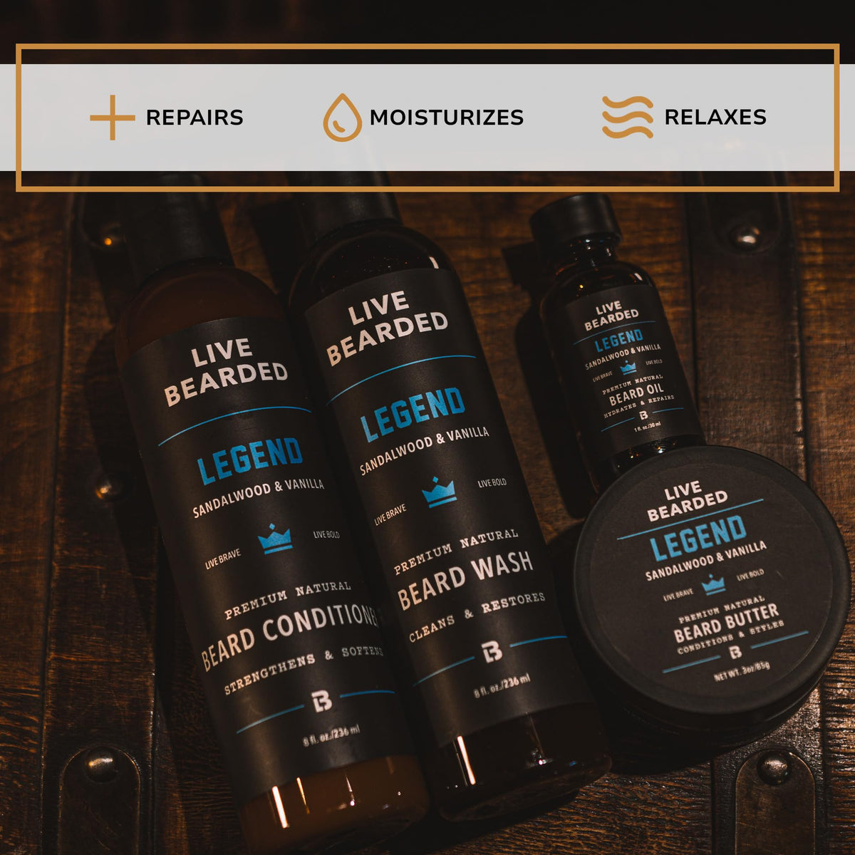 Live Bearded Legend beard butter tub for deep conditioning and style.