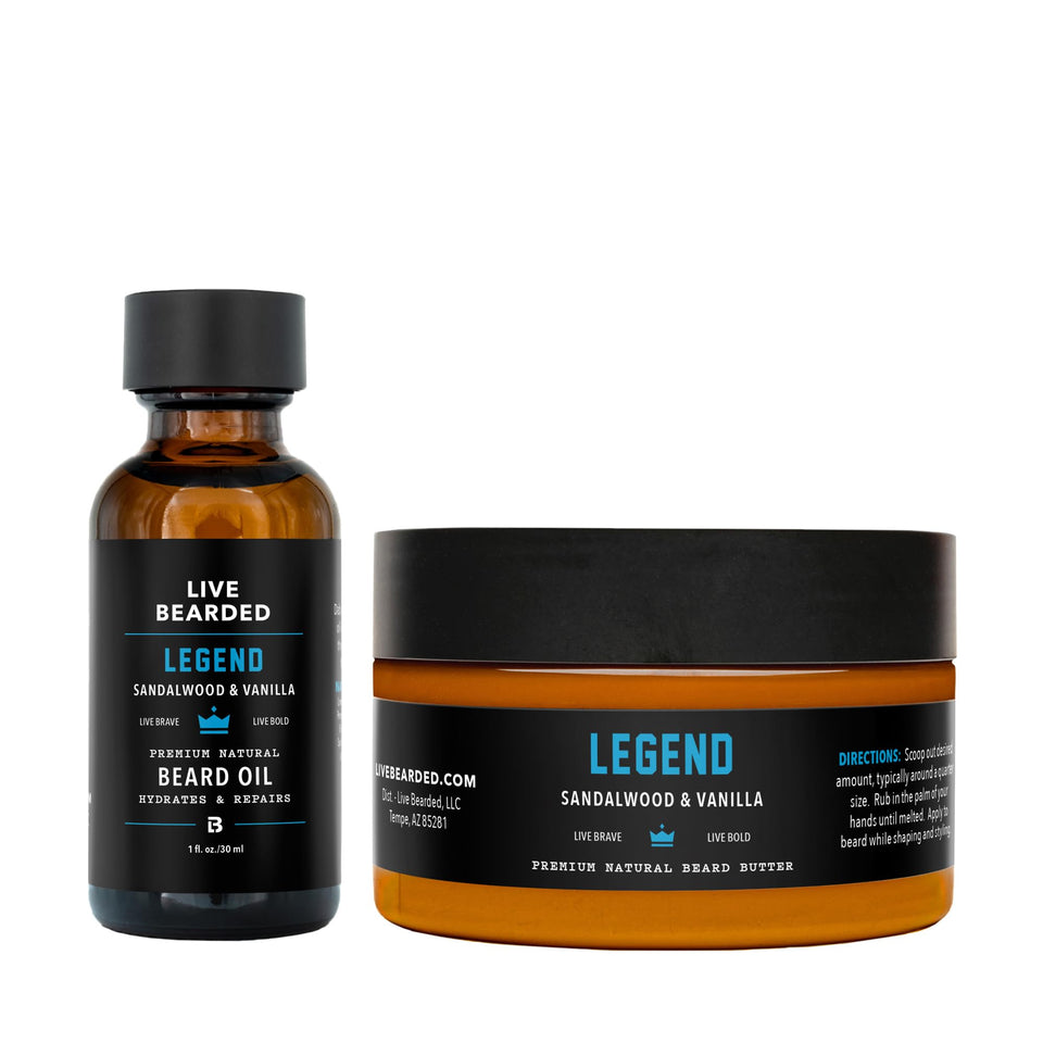 Live Bearded Legend beard oil bottle pour highlights sandalwood-vanilla aroma for daily grooming