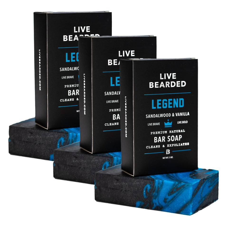 Live Bearded Legend charcoal bar soap delivers deep exfoliation for smoother skin.