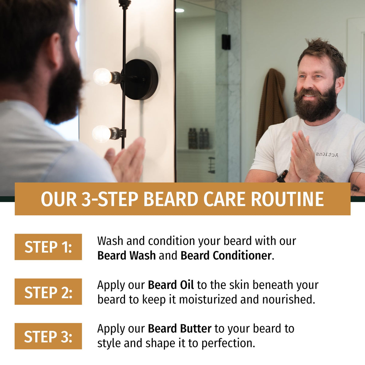 Live Bearded natural ingredients amber glass bottle signals premium formula.