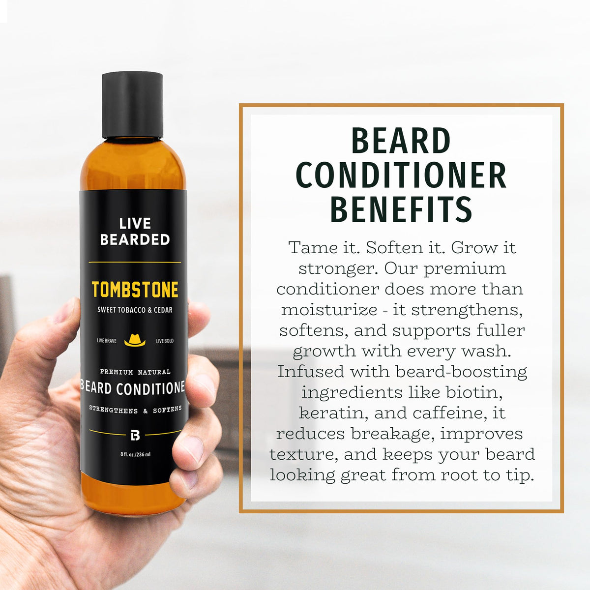 Close up shows softened beard hairs after applying Live Bearded conditioner.