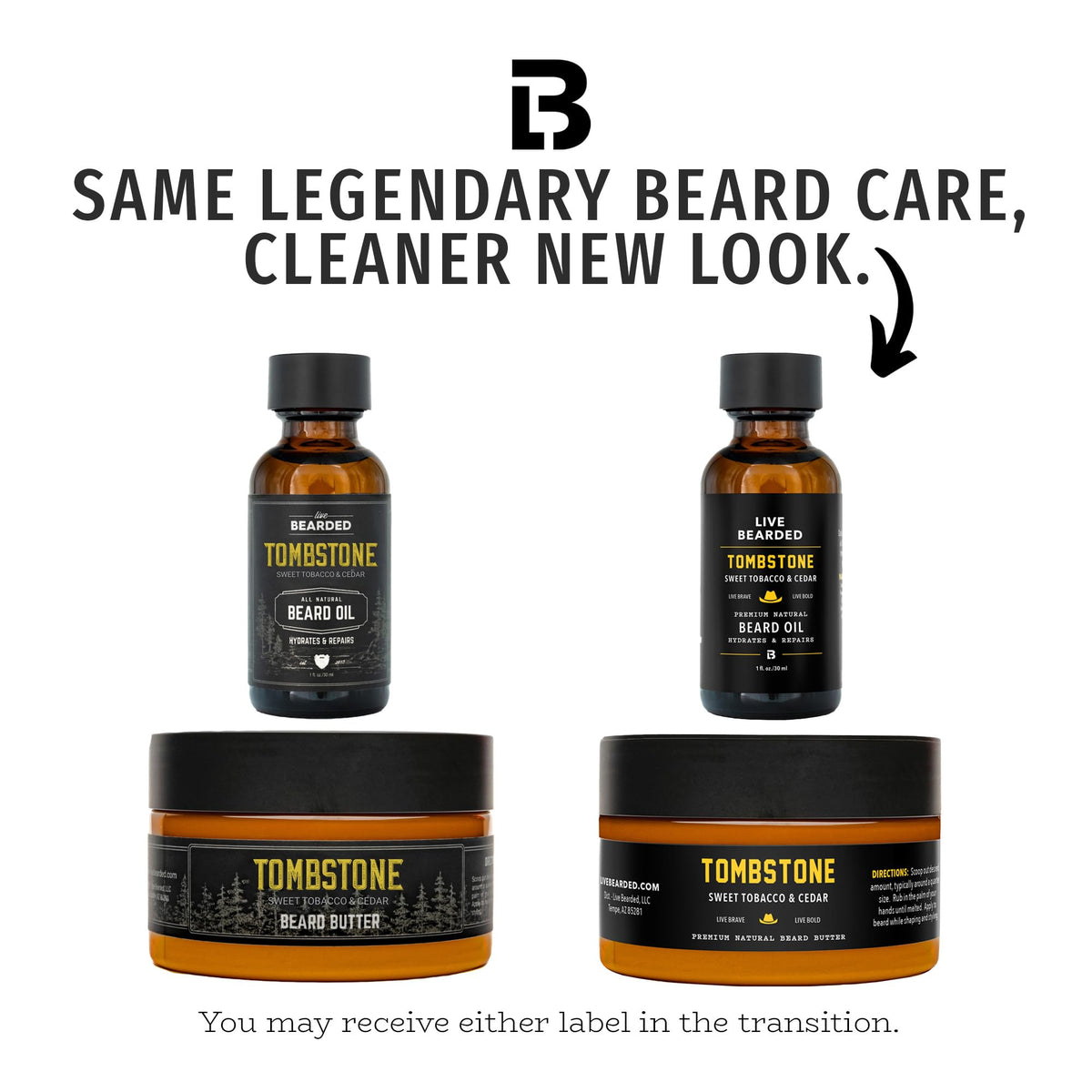 Live Bearded Tombstone beard butter tub resting on wood, offering moisture and ease.