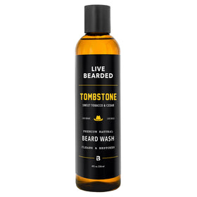 Live Bearded Tombstone Beard Wash bottle pour delivers deep cleansing and a crisp aroma.