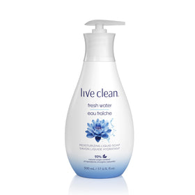 Live Clean Fresh Water bottle label highlighting plant-based cleansing for gentle skin