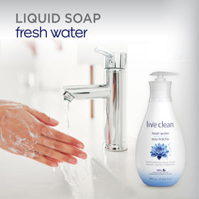 Live Clean Fresh Water hand soap pump shows hydrating formula for soft skin