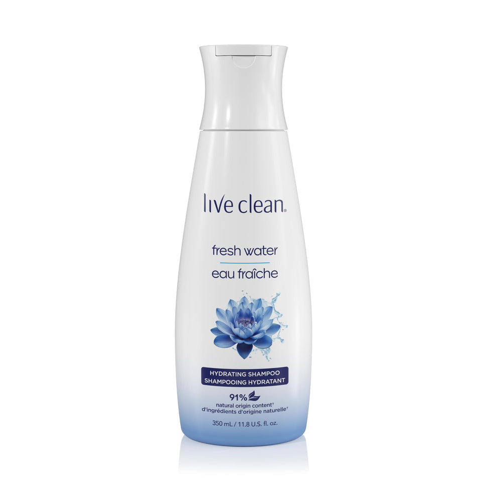 Live Clean Fresh Water Hydrating Shampoo bottle front, plant-based cleansing.