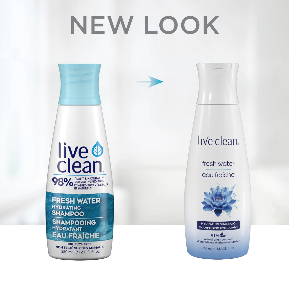 Live Clean bottle on bathroom shelf emphasizes cruelty-free, vegan hair care.