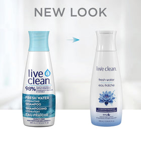 Live Clean bottle on bathroom shelf emphasizes cruelty-free, vegan hair care.