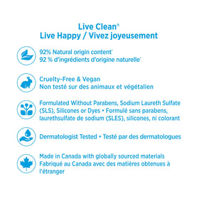 Live Clean label shows vitamin E and panthenol for nourishment.