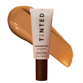 Live Tinted Hueguard bottle demonstrates hydrating SPF 50 for radiant skin