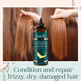 Live Fraiche castor oil bottle pour shot, showing smooth flow for easy application