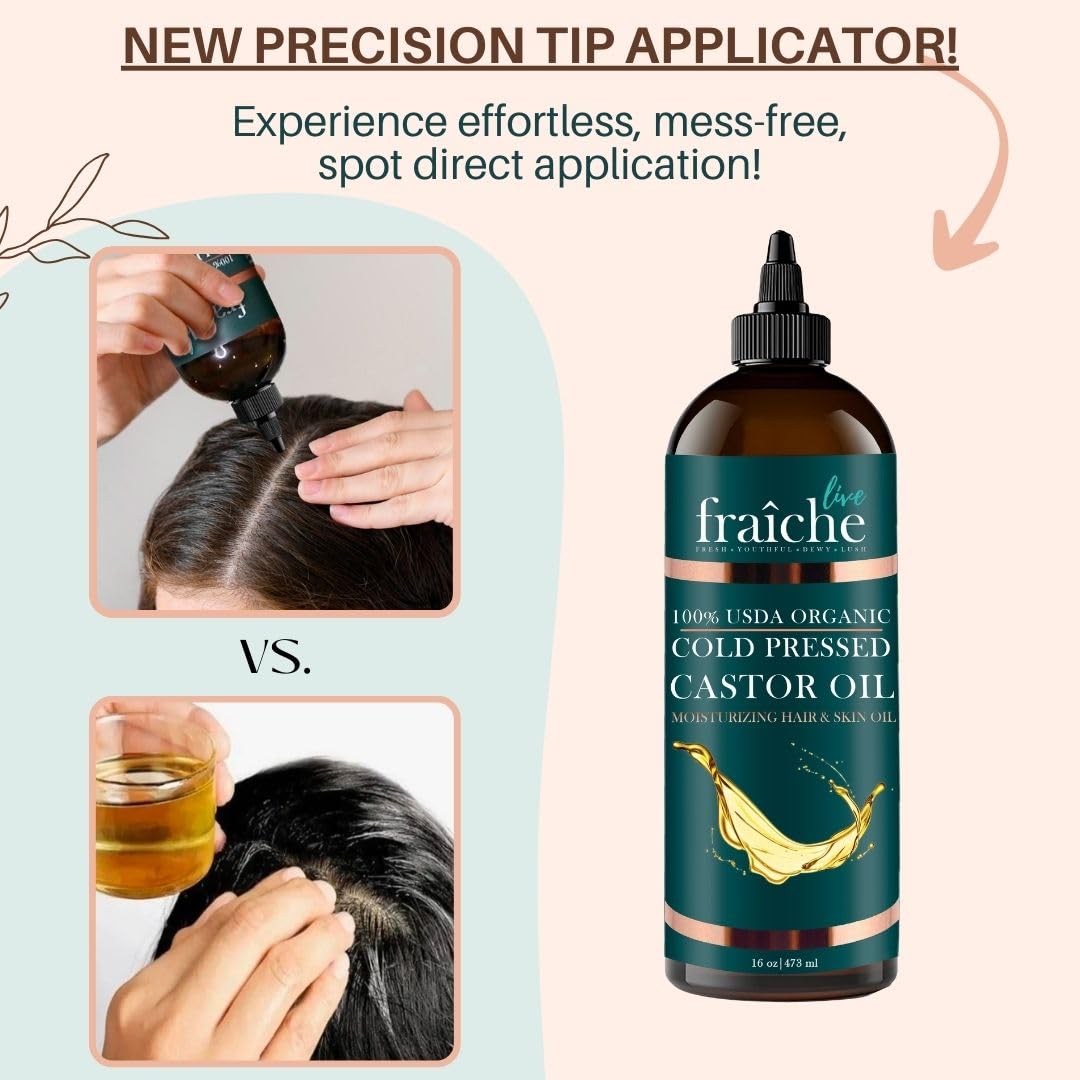 Live Fraiche castor oil on hair, providing conditioning and natural shine