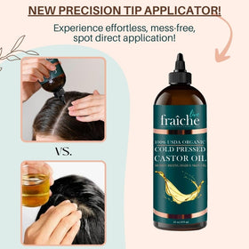 Live Fraiche castor oil on hair, providing conditioning and natural shine