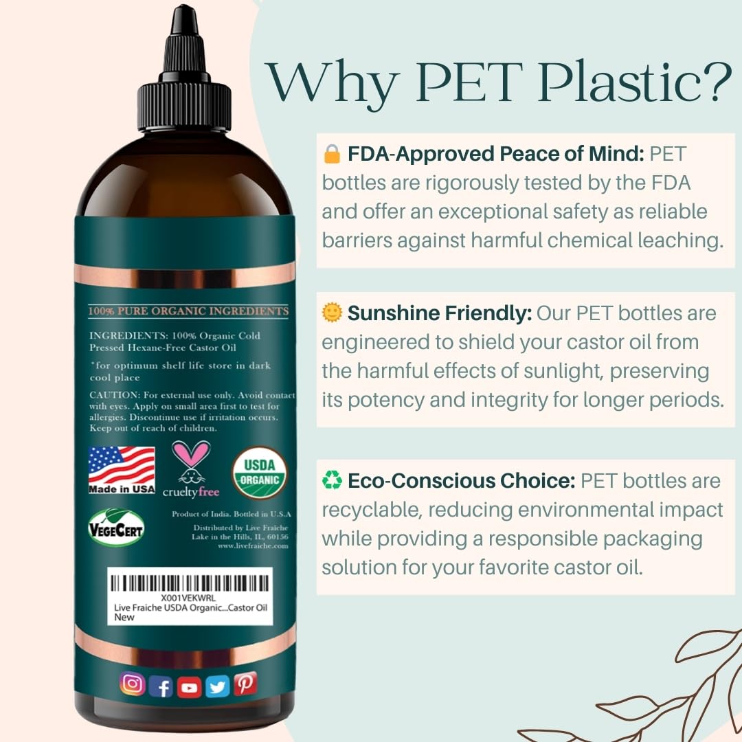 Live Fraiche hexane-free cold-pressed castor oil close-up in amber bottle