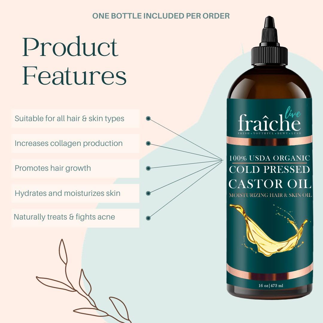 Live Fraiche organic castor oil label close-up, hexane-free cold-pressed quality