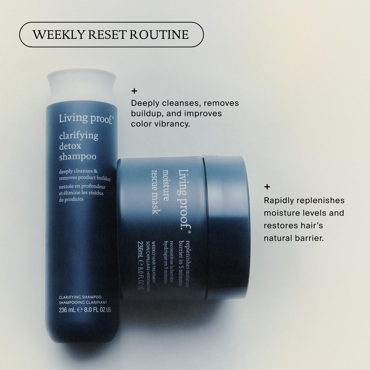 Living Proof Clarifying Detox Shampoo bottle on sink ready for routine care