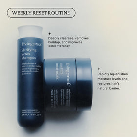 Living Proof Clarifying Detox Shampoo bottle on sink ready for routine care