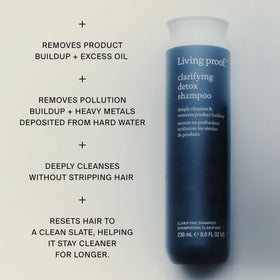 Living Proof Clarifying Detox Shampoo creamy-lather close-up suggesting luxurious cleansing
