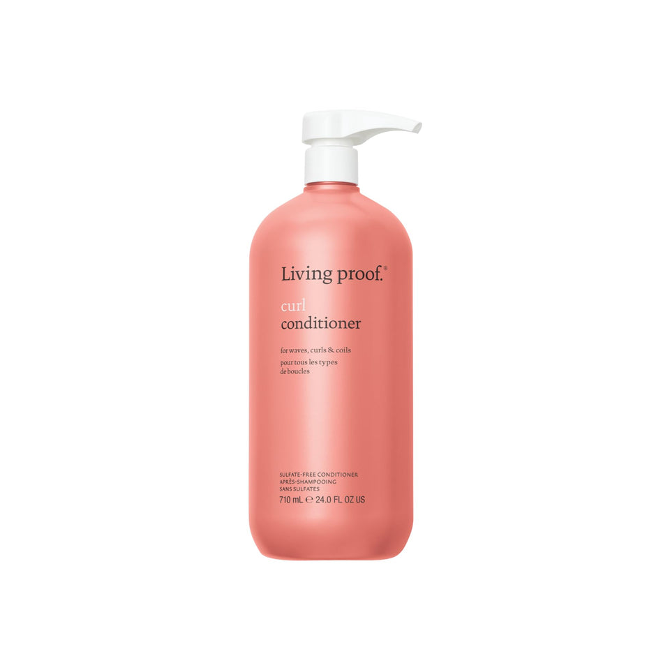 Living Proof Curl Conditioner bottle highlighting hydrating, detangling formula.