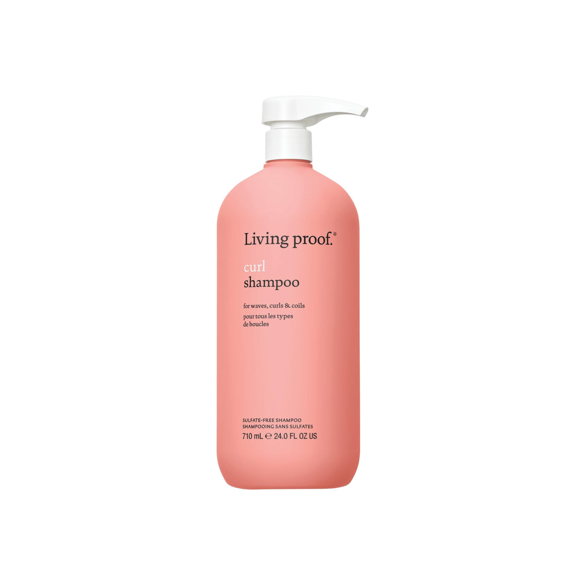 Living Proof Curl Shampoo bottle front view highlights gentle cleansing for wavy to coily hair.