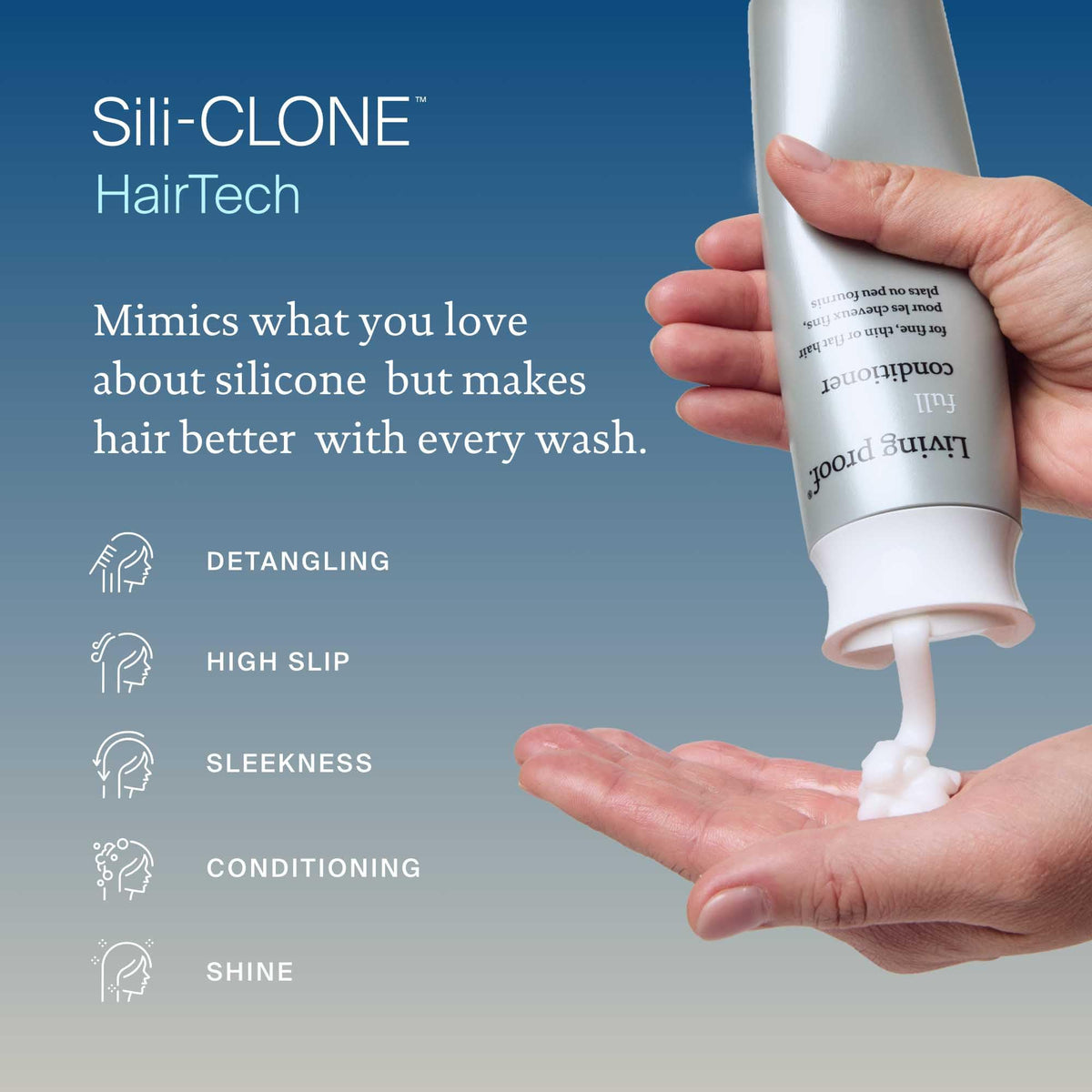 Living Proof Full Conditioner on glossy hair with lift and bounce.