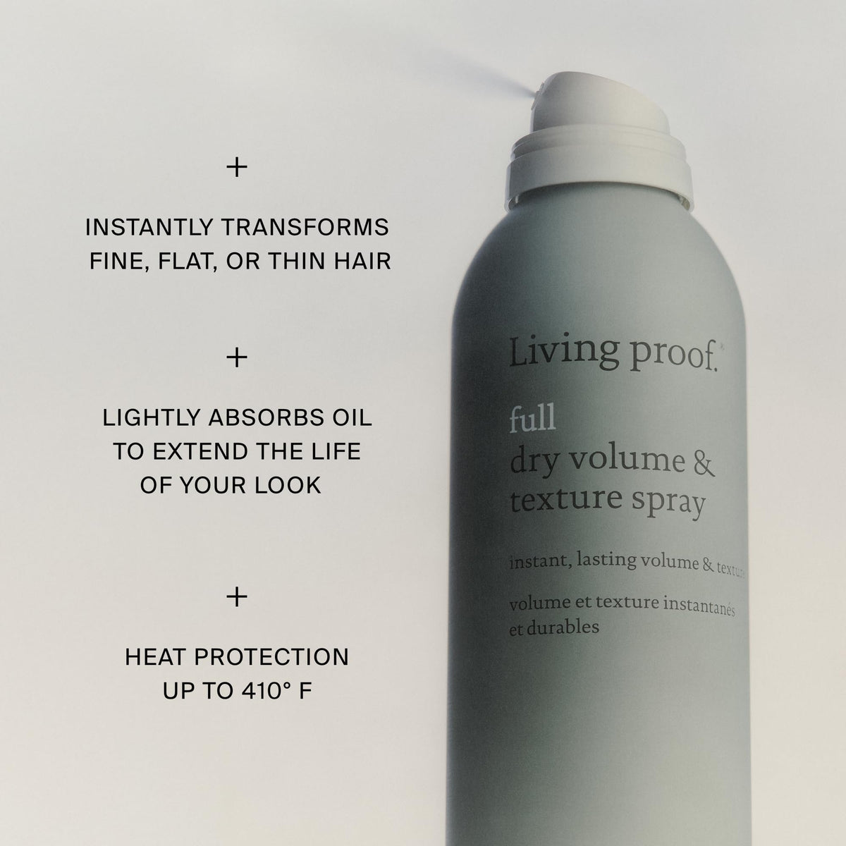 Close-up mist from Living Proof Full Dry Volume & Texture Spray enhances texture.