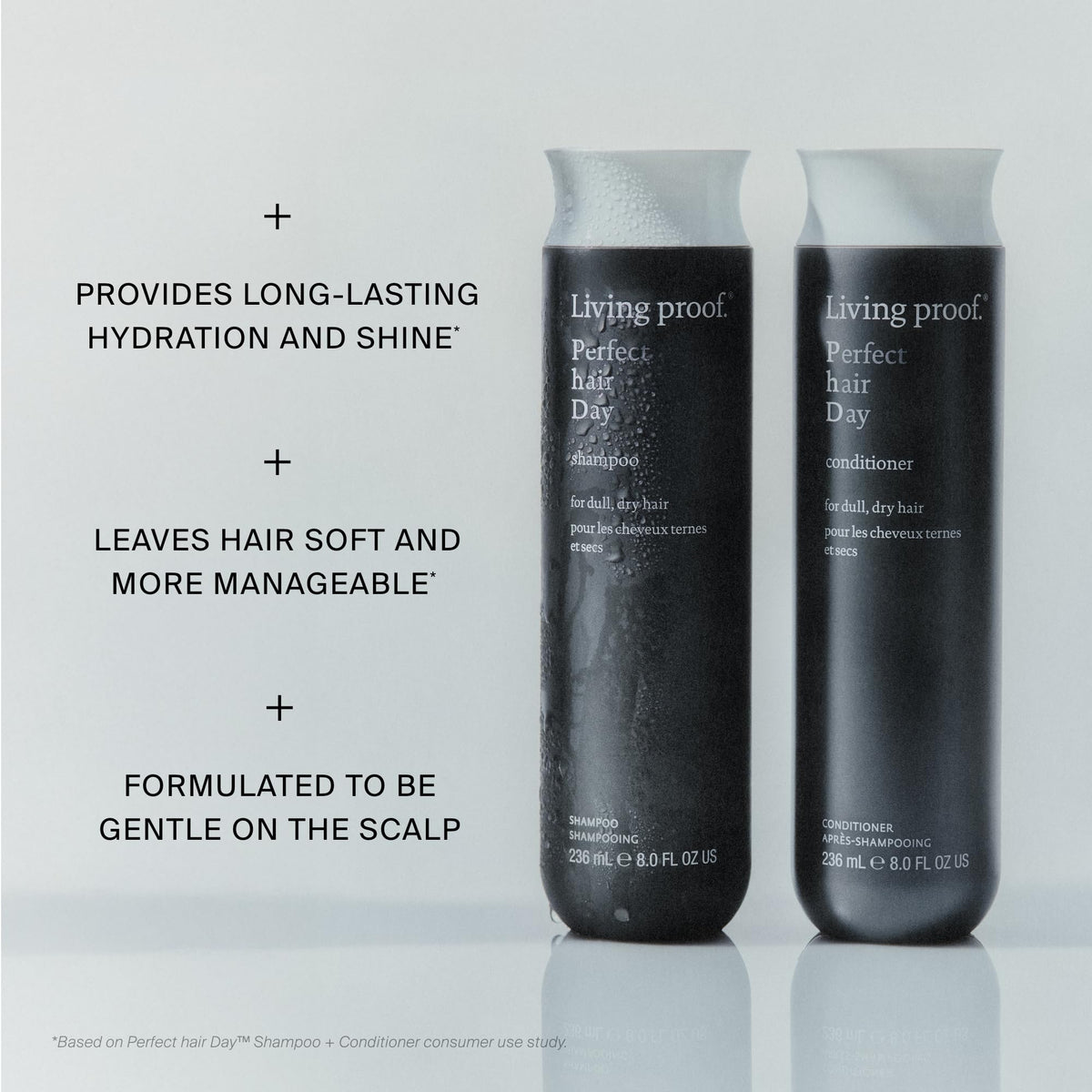 Living Proof Perfect Hair Day Shampoo bottle with hair demonstrates soft, manageable results