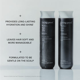 Living Proof Perfect Hair Day Shampoo bottle with hair demonstrates soft, manageable results
