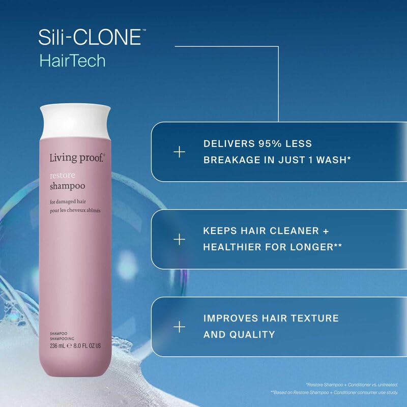 Living Proof Restore Shampoo travel-size bottle close-up showing strengthening properties