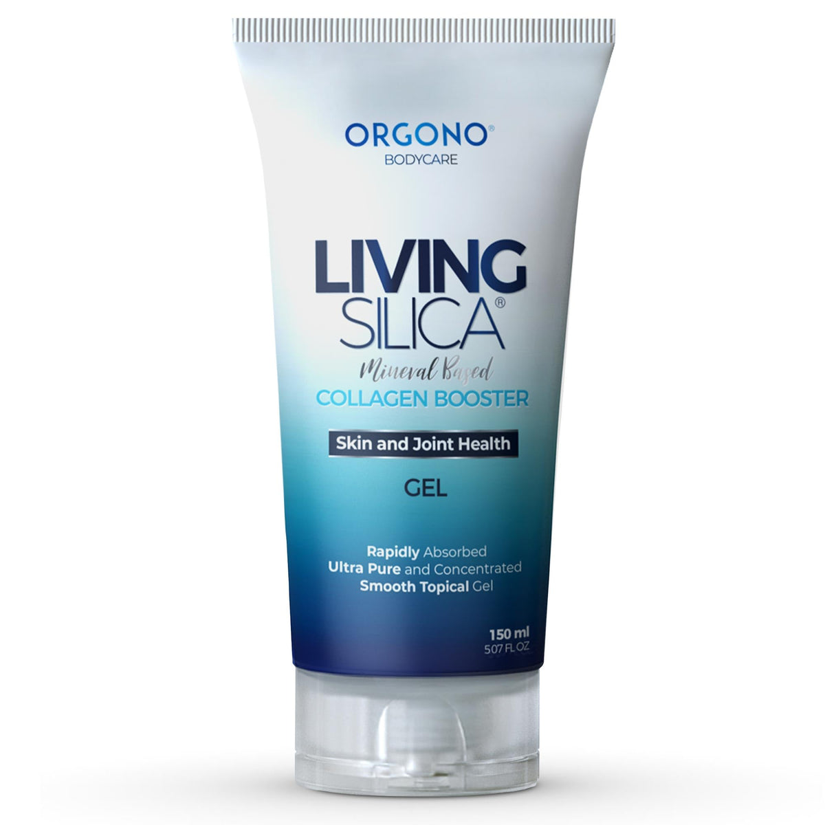 Living Silica Orgono mineral-based collagen booster gel bottle for daily dermal use and hydration.