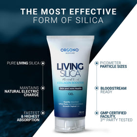 Living Silica Orgono gel shown with clinical results on skin and joints.