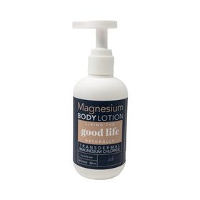 Living the Good Life Naturally magnesium body lotion bottle shows unscented formula for sensitive skin.
