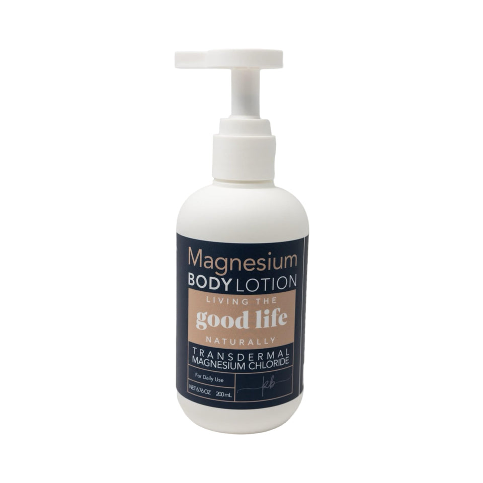 Living the Good Life Naturally magnesium body lotion bottle shows unscented formula for sensitive skin.