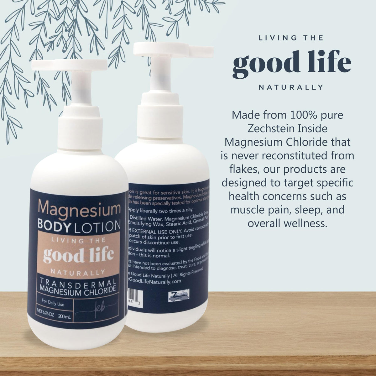Living the Good Life Naturally magnesium lotion bottle demonstrates USA-made craftsmanship.