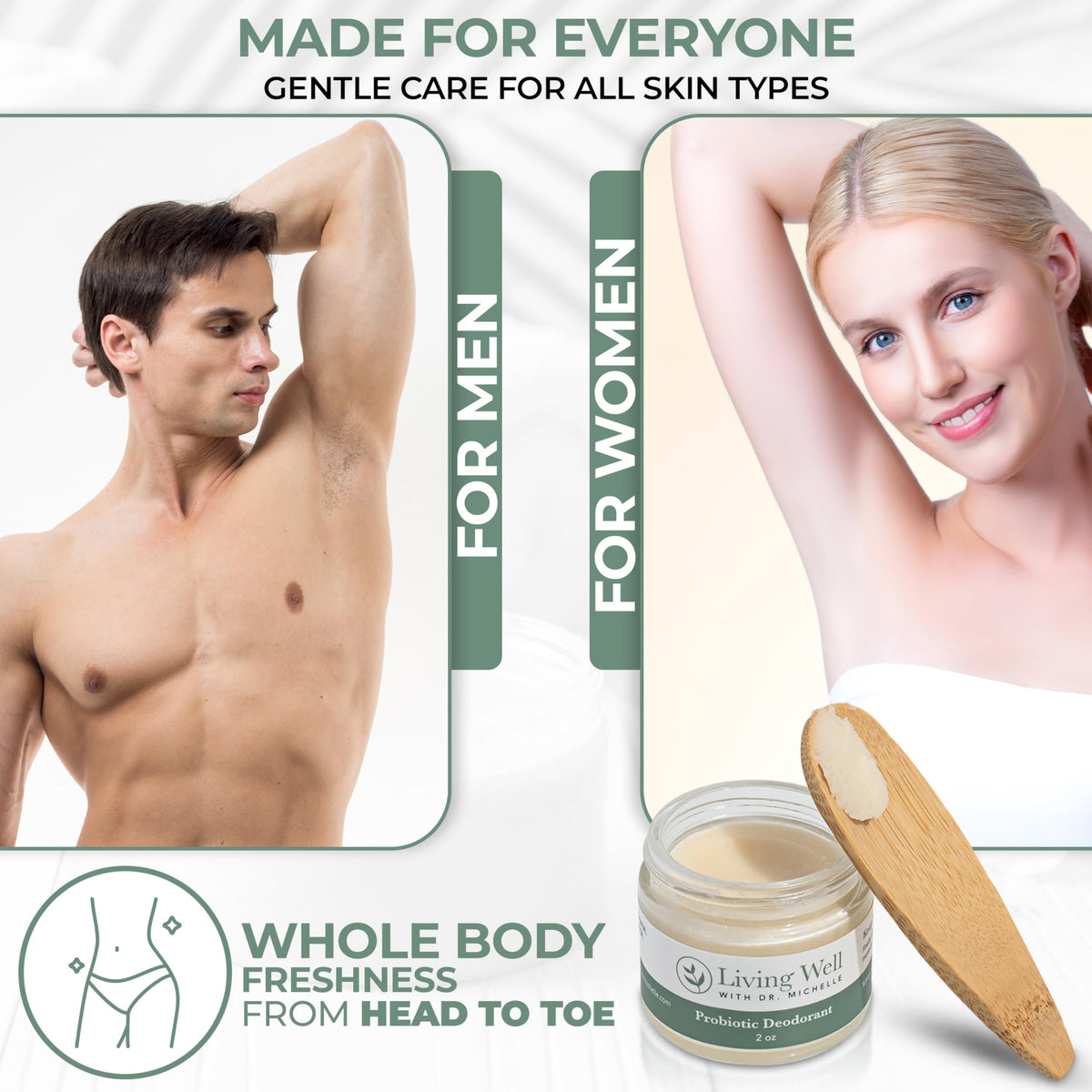 Tub packaging of Living Well with Dr. Michelle probiotic deodorant cream highlights clean ingredients