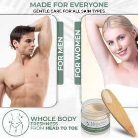 Tub packaging of Living Well with Dr. Michelle probiotic deodorant cream highlights clean ingredients
