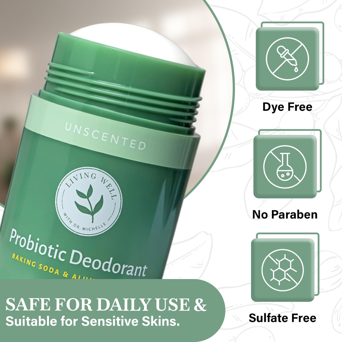 Living Well with Dr. Michelle probiotic deodorant stick daily-use gentle for workouts and busy days.