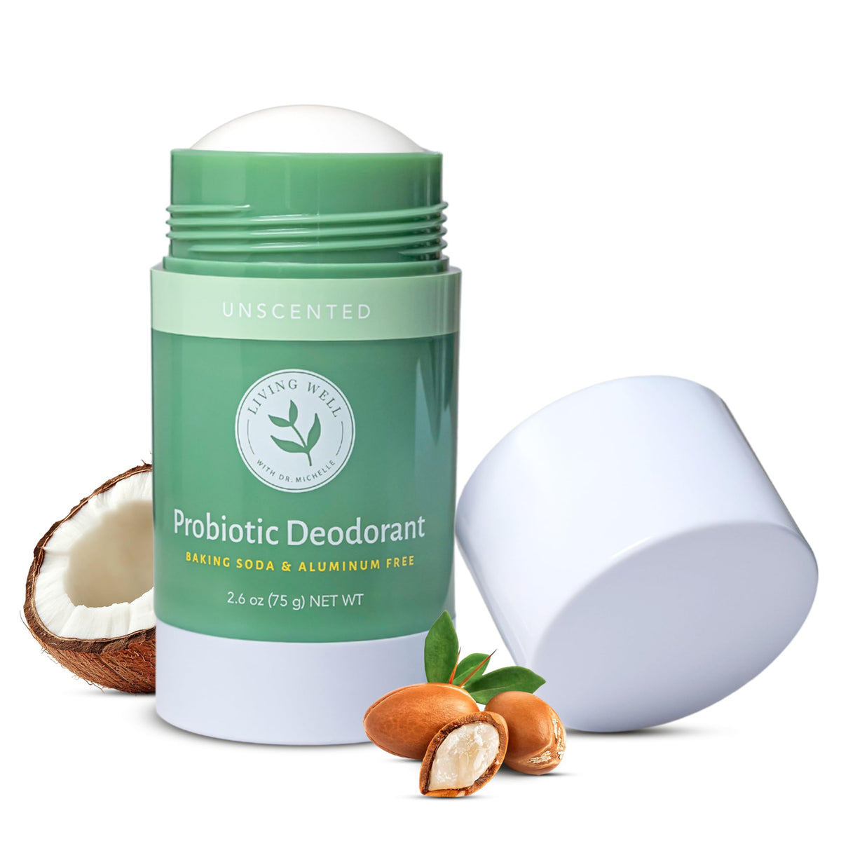 Living Well with Dr. Michelle probiotic deodorant stick unscented application for sensitive skin, gentle protection.