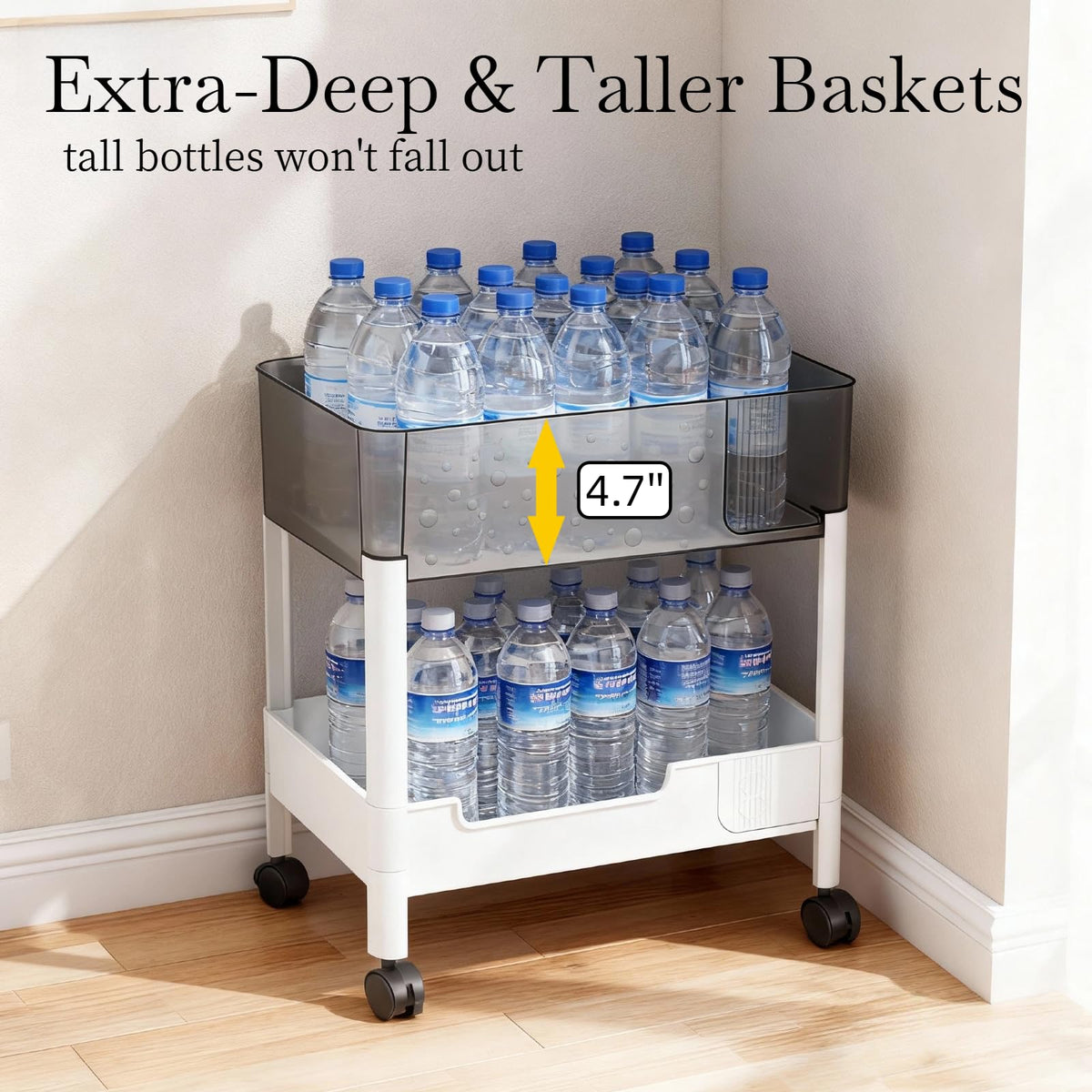 LIWNYRK deep 4.7-inch baskets hold tall bottles securely.