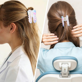 LiYiQ dental tooth claw clip worn in hair to demonstrate secure hold.