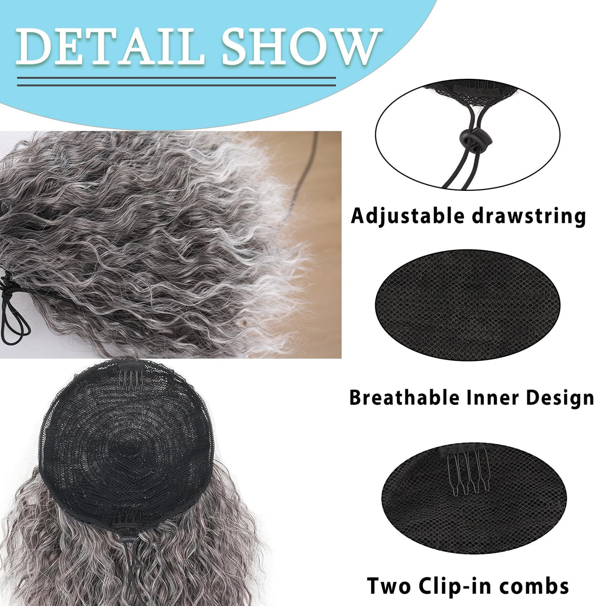 Liyouda gray black mix ponytail ideal for versatile updos and daily wear.