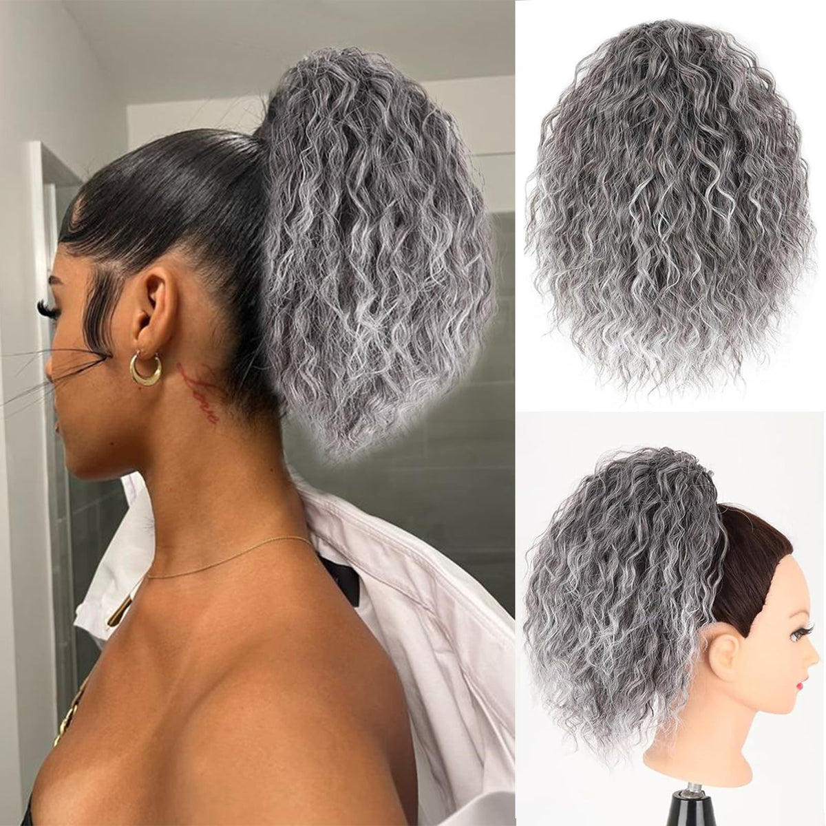 Liyouda gray curly clip-in ponytail stays securely with two mini clips.