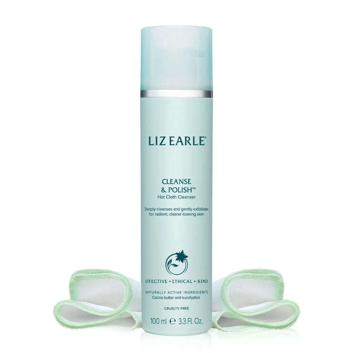 Liz Earle Cleanse & Polish bottle close-up showing hydrating cleanser.