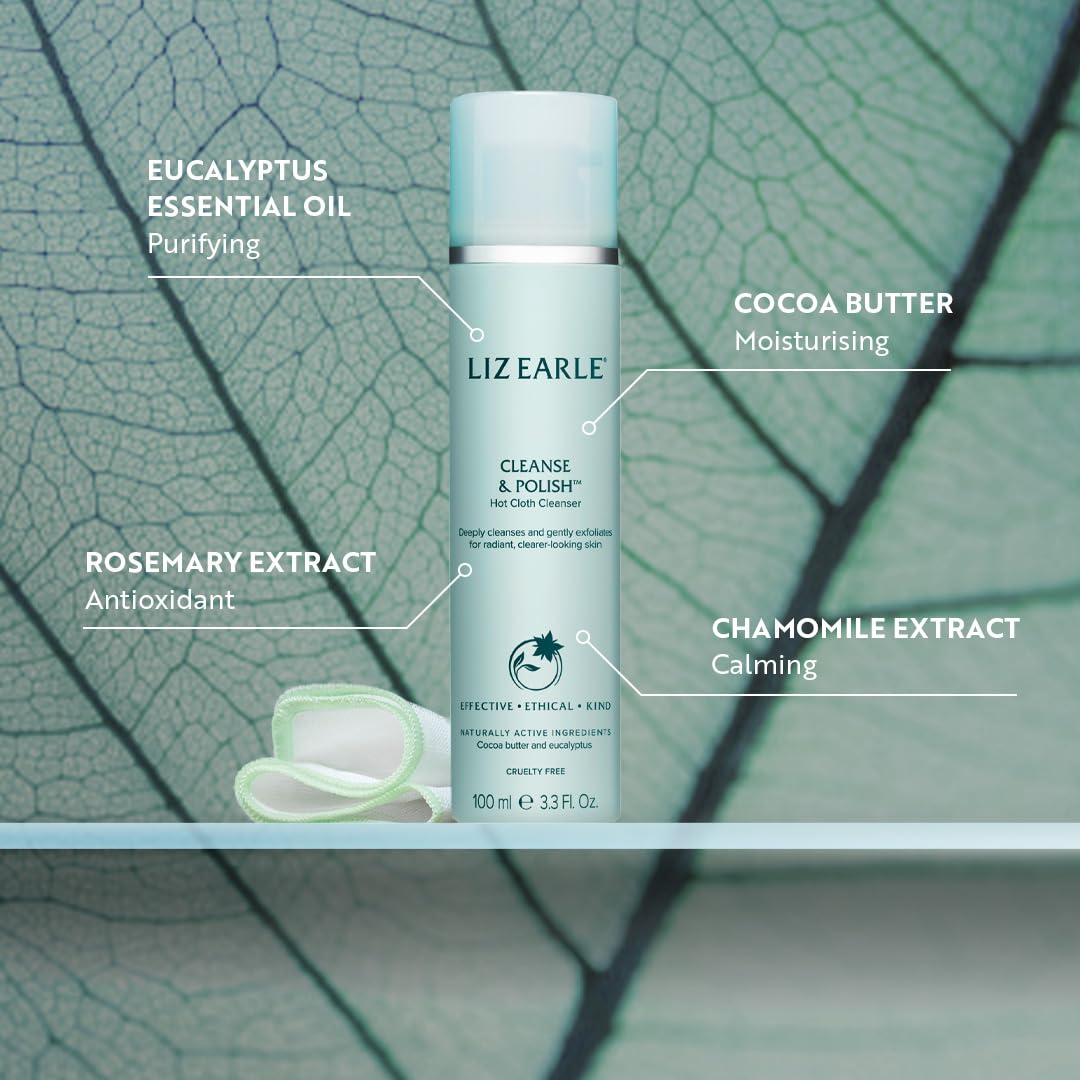 Liz Earle Cleanse & Polish cream texture highlighting soothing formula.