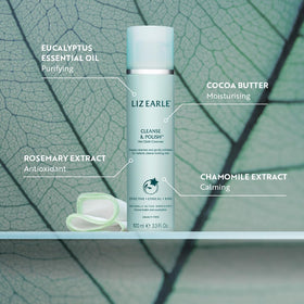 Liz Earle Cleanse & Polish cream texture highlighting soothing formula.