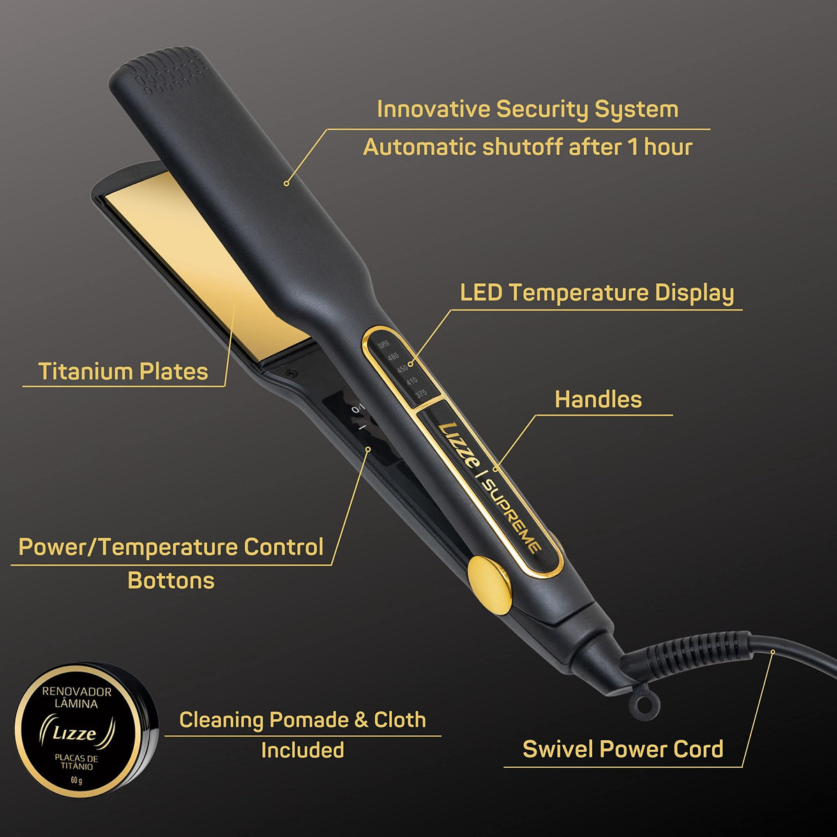 Lizze Supreme 1.5 Pro flat iron held in hand for portable styling.